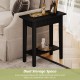 Narrow black wood end table with dual storage shelves, perfect for small spaces and versatile use in any room.
